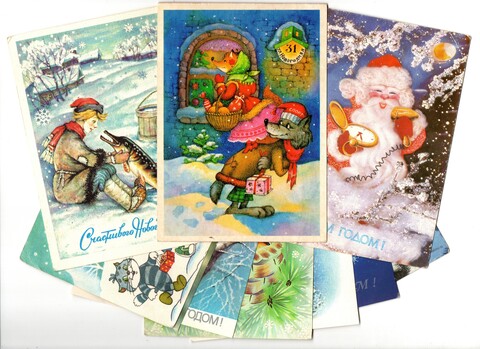 Подборка поздравительных новогодних открыток — 10 штук— разные художники, — чистые, без повторов времен СССР