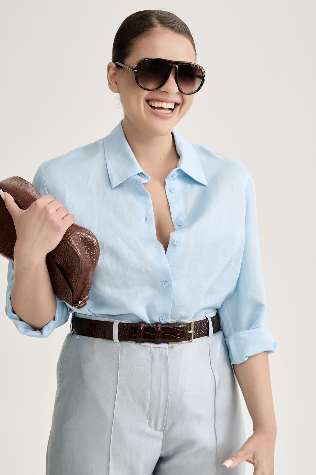 Рубашка с длинным рукавом изо льна, голубой