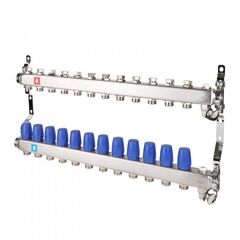 Блок коллекторный MVI из нержавеющей стали DN 25-12 выходов G 3/4, без расходомеров, с дренажным краном и воздухоотводчиком, евроконус, MS.612.06