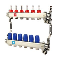 Блок коллекторный MVI из нержавеющей стали DN 25-6 выходов G 3/4, с расходомерами, с дренажным краном и воздухоотводчиком, евроконус, MS.706.06