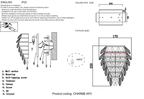 Настенный светильник Crystal Lux CHARME AP3 GOLD/TRANSPARENT