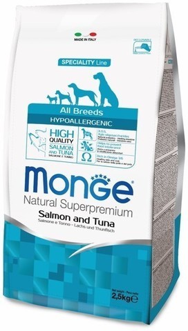 купить сухой  гипоаллергенный корм Monge Speciality Line Adult Dog All Breeds Hypoallergenic Salmone&Tuna для взрослых собак всех пород с лососем и тунцом