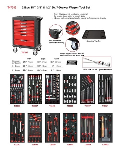 Тележка инструментальная (красная) с набором инструмента 216 предметов в мягких ложементах, 7 ящиков, AmPro