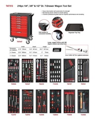 Тележка инструментальная (красная) с набором инструмента 216 предметов в мягких ложементах, 7 ящиков, AmPro