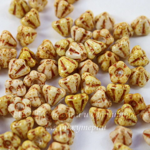Бусина Bell Shaped Flower Колокольчик, 6х4 мм, песочно-желтая с коричневым рисунком, 10 шт