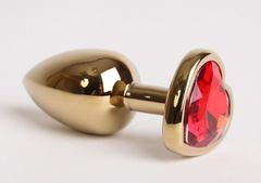 Золотистая анальная пробка с красным стразиком-сердечком - 7,5 см. - 