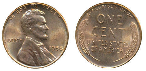 1 цент 1958 год, США. aUNC