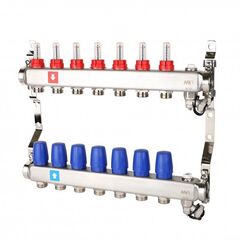 Блок коллекторный MVI из нержавеющей стали DN 25-7 выходов G 3/4, с расходомерами, с дренажным краном и воздухоотводчиком, евроконус, MS.707.06