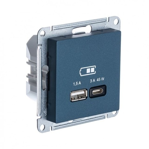 Розетка зарядное устройство USB 2 разъёма тип - A/C 45 Вт c протоколом QC, PD. Цвет Изумруд. Schneider Electric AtlasDesign. ATN000829