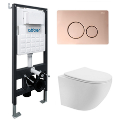 Abber AC1100T-AC0105-AC0121RG Комплект подвесной унитаз Abber Bequem AC1100T белый с инсталляцией AC0105 и кнопкой AC0121RG золото розовое фото