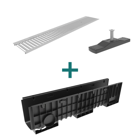 Комплект водоотводный Gidrolica Standart DN150: пластиковый лоток ЛВ-15.19,6.23,5 + стальная оцинкованная решетка РВ-15.18,6.100, кл. A15 + крепеж