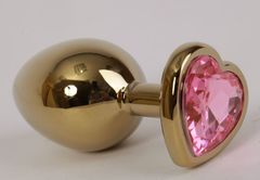 Золотистая анальная пробка с розовым стразиком-сердечком - 7,5 см. - 