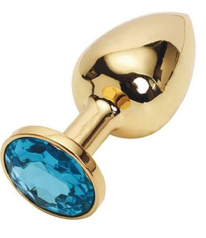 Золотистая металлическая анальная пробка с голубым стразом - 7,6 см. - 4sexdreaM 47057
