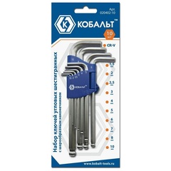 Набор ключей угловых шестигранных КОБАЛЬТ 1.5, 2, 2.5, 3, 4, 5, 6, 7, 8, 10 мм с шаром Cr-V (10 шт.) блистер (020402-10)