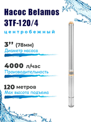 Насос скважинный центробежный Belamos 3TF-120/4_1.5, 67л/мин, Н-120 м, Ø-3", каб.1,5 м