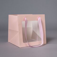 Пакет подарочный M, Куб с окном, Розовый, 20*20*20 см (Д*В*Ш)