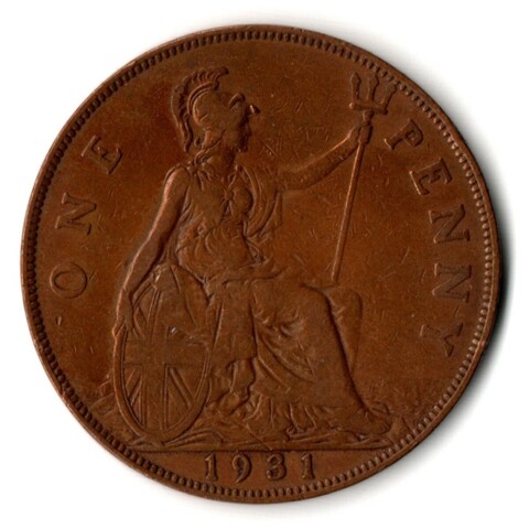 1 пенни 1931 год. Великобритания (Георг V). Бронза, диаметр 30.8 мм. VF