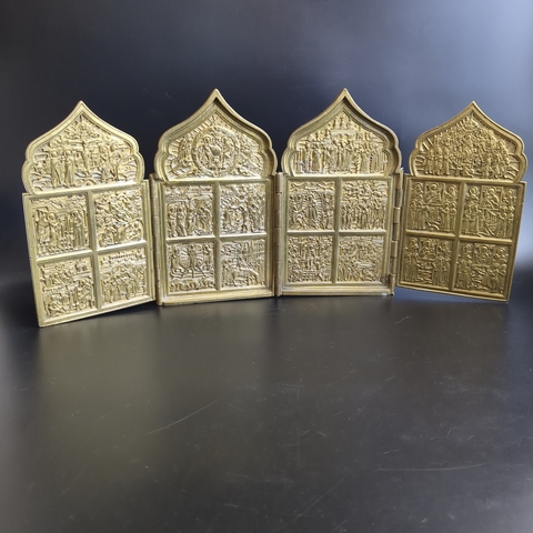 Большой старинный бронзовый четырехчастный Складень "Двунадесятые Праздники" (12 Православных Праздников) XIX век