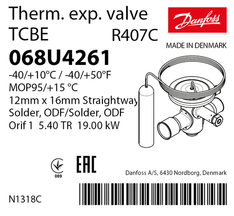 Терморегулирующий клапан Danfoss TCBE 068U4261 (R407C, MOP 95)