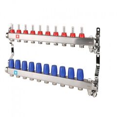 Блок коллекторный MVI из нержавеющей стали DN 25-10 выходов G 3/4, с расходомерами, с дренажным краном и воздухоотводчиком, евроконус, MS.710.06