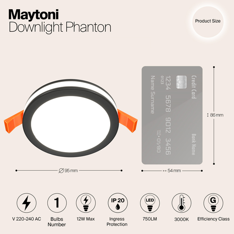 Встраиваемый светодиодный светильник Maytoni Phanton DL303-L12B, 95мм 12Вт 3000K