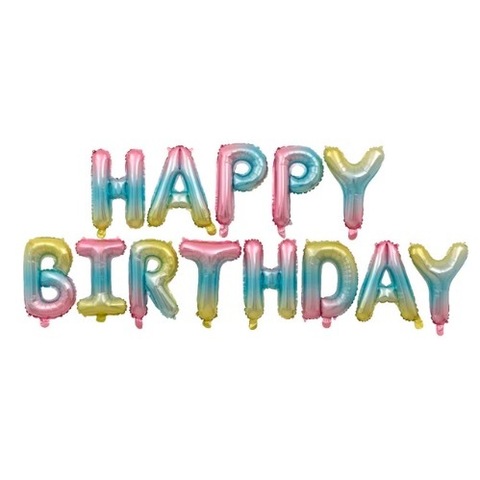 Растяжка из шаров: Буквы из фольги - С днем Рождения, Happy Birthday, радуга разноцветная, градиент