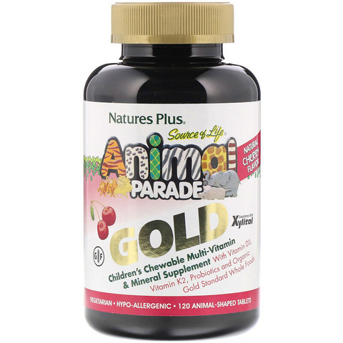 Nature's Plus, Animal Parade Gold, мультивитамины и минералы, вишневый вкус, 120 таблеток в форме животных