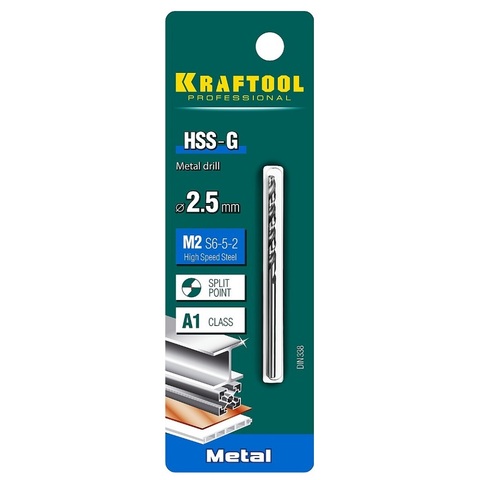 KRAFTOOL HSS-G 2.5 х57мм, Сверло по металлу HSS-G, сталь М2(S6-5-2)