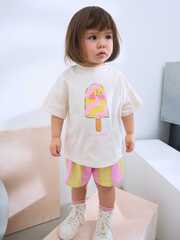 Футболка и шорты в комплекте для девочки Next AD5-564, Молочный, Желтый, Розовый
