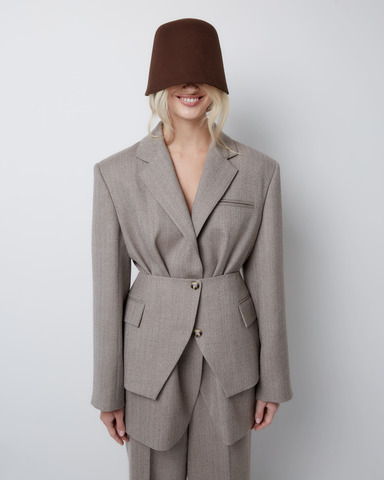 Жакет из шерсти елочка бежевый/молочный