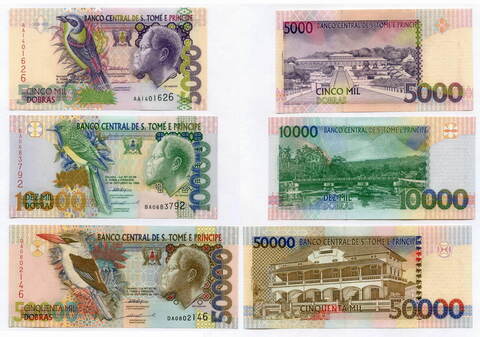 Банкноты Сан-Томе и Принсипи 3 шт (5000, 10000 и 50000 добр) 1996 год. UNC. Реальные номера