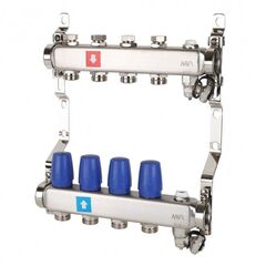 Блок коллекторный MVI из нержавеющей стали DN 25-4 выхода G 3/4, без расходомеров, с дренажным краном и воздухоотводчиком, евроконус, MS.604.06