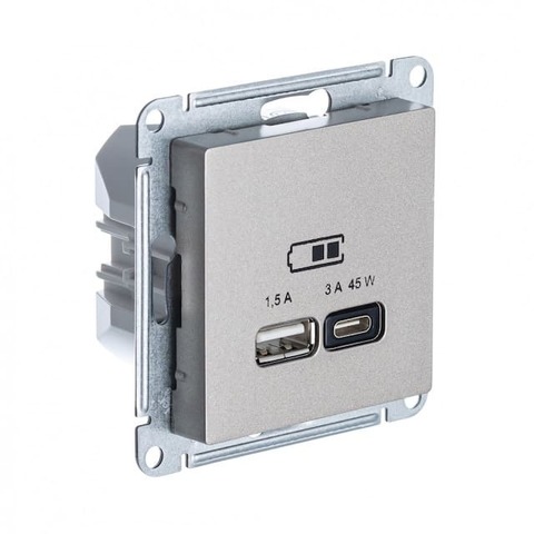 Розетка зарядное устройство USB 2 разъёма тип - A/C 45 Вт c протоколом QC, PD. Цвет Шампань. Schneider Electric AtlasDesign. ATN000529