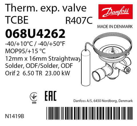 Терморегулирующий клапан Danfoss TCBE 068U4262 (R407C, MOP 95)