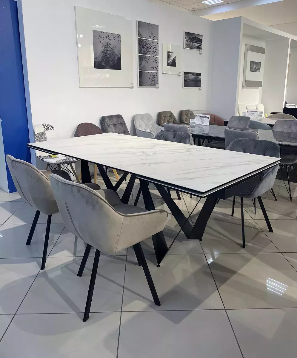 Стол RIETI 200 KL-99 Белый мрамор матовый, итальянская керамика / черный каркас, DISAUR