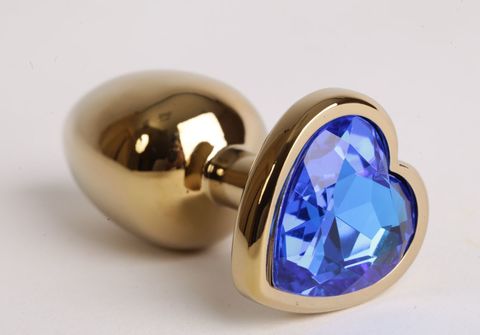 Золотистая анальная пробка с синим стразиком-сердечком - 7,5 см. - 4sexdreaM 47190