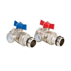 Кран шаровой латунный никелированный DN 25 PN 16 с накидной гайкой (американка), с термометром, для коллектора (2 шт.) MVI MC.312.06