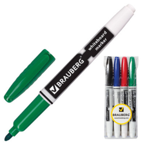 Маркеры стираемые для белой доски НАБОР 4 ЦВЕТА, BRAUBERG, 4 мм,эргономичный корпус, 150850