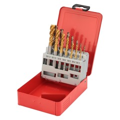 Набор метчиков машинных M3 -M12 HSSE-TiN DIN371/376 (C/2,5P, R45, + сверла) 14пр H-Tools 245052THT