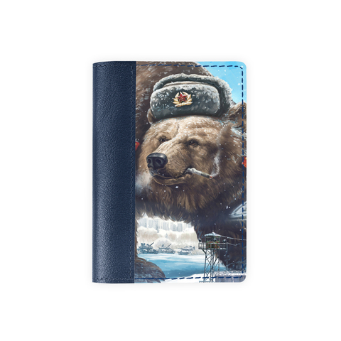 Обложка на паспорт комбинированная "Медведь боевой", синяя