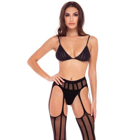 Эротический комплект 3 Piece Sheer Striped Bra Thong & Garter Belt Set - Rene Rofe 7096