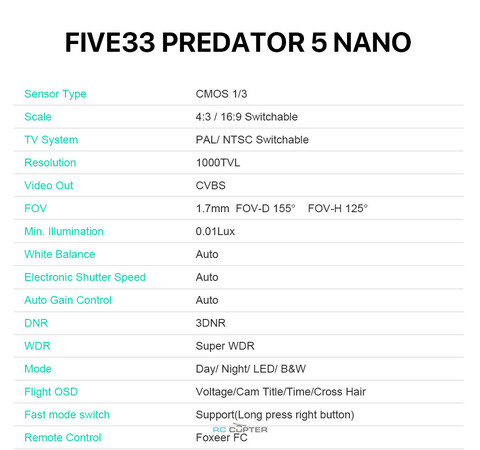 Курсовая камера Foxeer Predator 5 Nano Five33 Edition HV Flip NTSC HS1250FIVE33