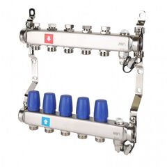 Блок коллекторный MVI из нержавеющей стали DN 25-5 выходов G 3/4, без расходомеров, с дренажным краном и воздухоотводчиком, евроконус, MS.605.06