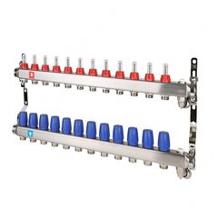 Блок коллекторный MVI из нержавеющей стали DN 25-12 выходов G 3/4, с расходомерами, с дренажным краном и воздухоотводчиком, евроконус, MS.712.06