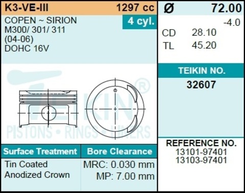 Поршень двигателя TEIKIN 32607 0.50 (4шт/упак)