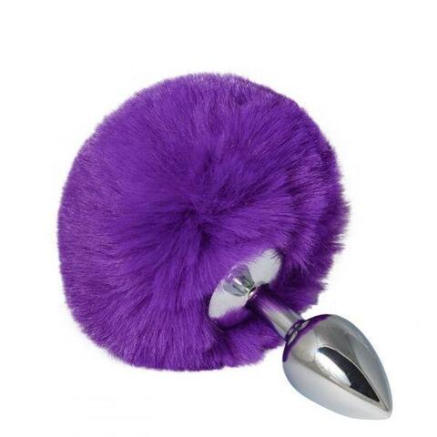 Анальная пробка с пушком (28 мм, хвост 90 мм) серебро/фиолетовый Анальная пробка с пушком (28 мм, хвост 90 мм) серебро/фиолетовый