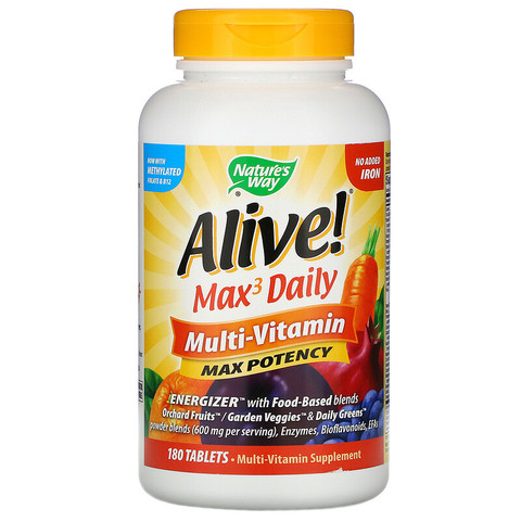 Nature's Way, Alive! Max3 Daily, мультивитаминный комплекс, без добавления железа, 180 таблеток