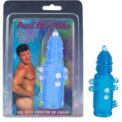 Голубая эластичная насадка на пенис с жемчужинами, точками и шипами Pearl Stimulator - 11,5 см. - 