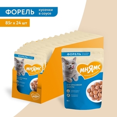 Мнямс влажный корм для выведения шерсти у кошек кусочки в соусе с форелью 85 гр