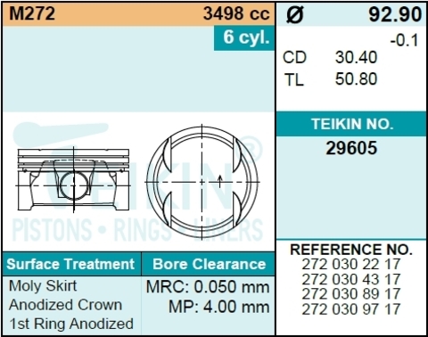 Поршень двигателя TEIKIN 29605 STD (6шт/упак)